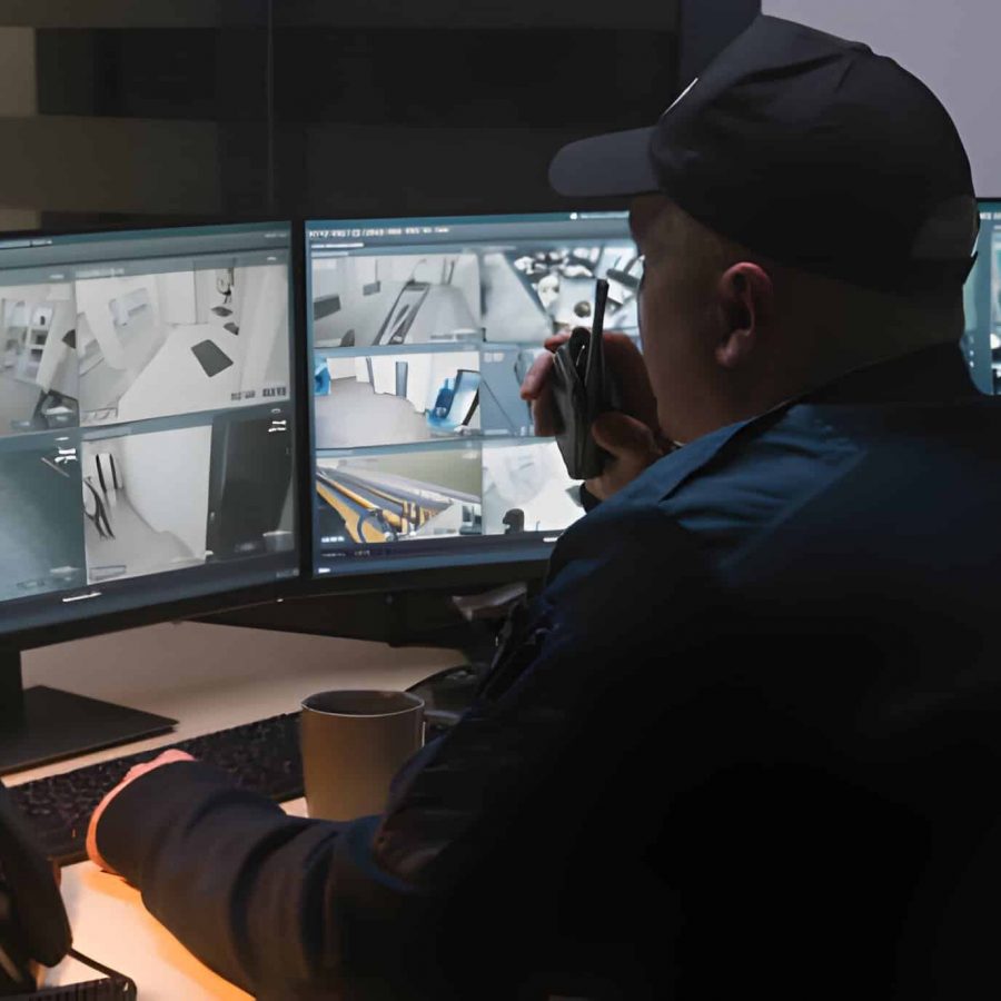 Agent de sécurité utilisant un microphone et surveillant les écrans avec des caméras de sécurité - Okpiapik Sécurité Solution